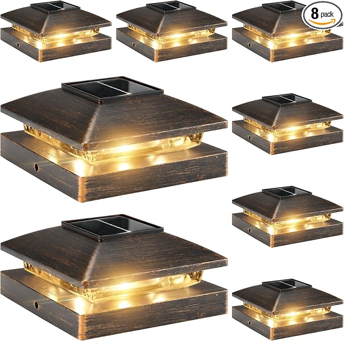 Solar Post Cap Lights Outdoor 8pack, Waterproof Solar Powered Deck Fence Post Lights Fit 4x4 Wood/Vinyl Posts, Bright Warm White Solar Post Lights Decorate Deck, Patio, Porch, Fence(Copper)