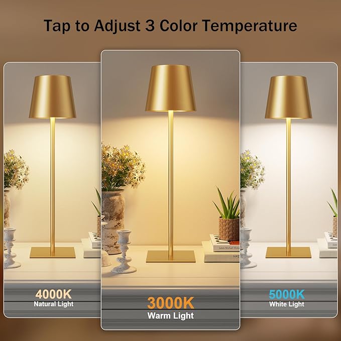 Kakanuo Gold Cordless Rechargeable Table Lamp, 4 Pack Portable Desk Lamp with 5000mAh Battery, Touch Control Stepless Dimming, Wireless Night Light for Dining, Outdoor Camping, Coffee Shop