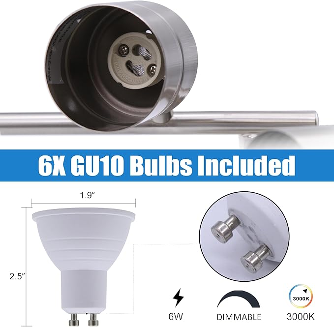 6-Light Brushed Nickel Track Lighting Kit with GU10 LED Bulbs - 44.5” Adjustable Ceiling Spotlight Fixture, 270° Swivel & 90° Tilt for Kitchen, Living Room, Dining Room, Gallery Display