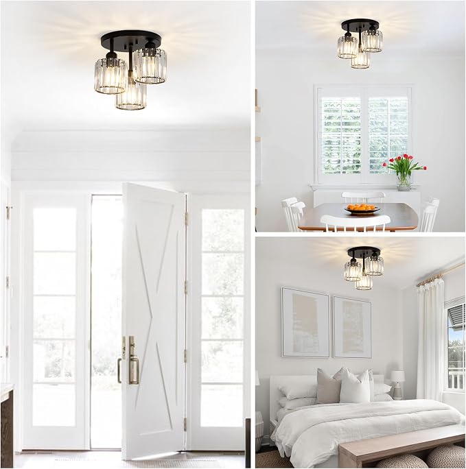 PAUFUL Crystal Semi Flush Mount Ceiling Light,3-Light Modern Close to Ceiling Light Fixtures,Black Kitchen Light Fixtures with Clear Crystal Shade,Hallway Light Fixtures for Hallway Bedroom Bathroom