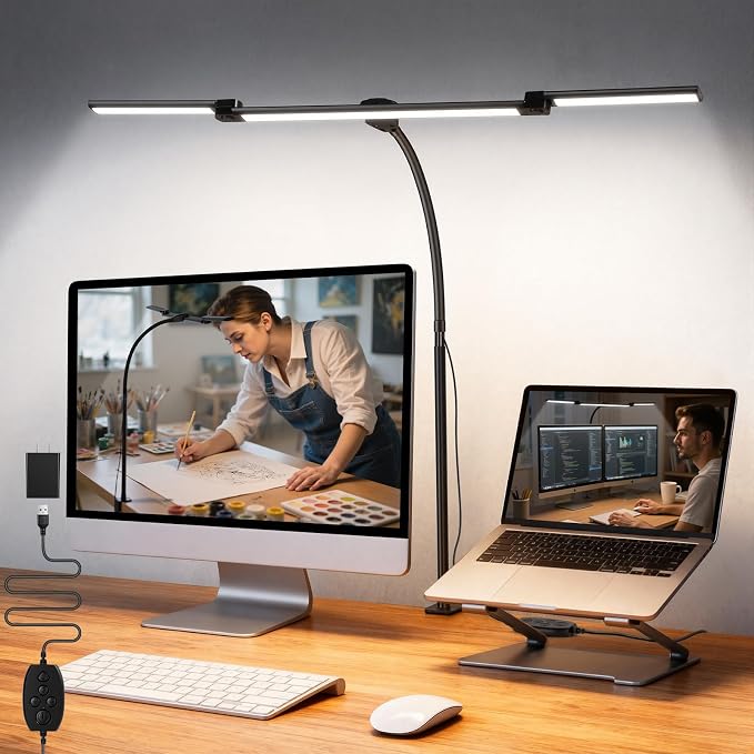LED Desk Lamp for Office Home, 3 Head Adjustable Desk Light with Adapter | Computer Monitor light Bar Stepless Dimming, Eye Caring Architect Desk Lamp Table Lamp for Reading Study Workbench Black