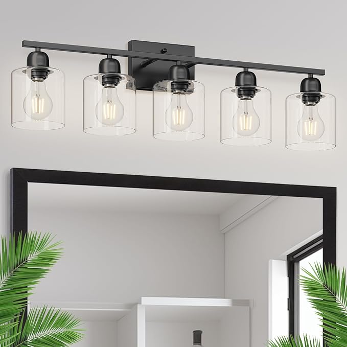 Modern 5 Light Bathroom Vanity Light, 31 inch Black Bathroom Lights Fixtures, Vanity Lights with Clear Glass for Mirror Kitchen Living Room Hallway Cabinet Porch