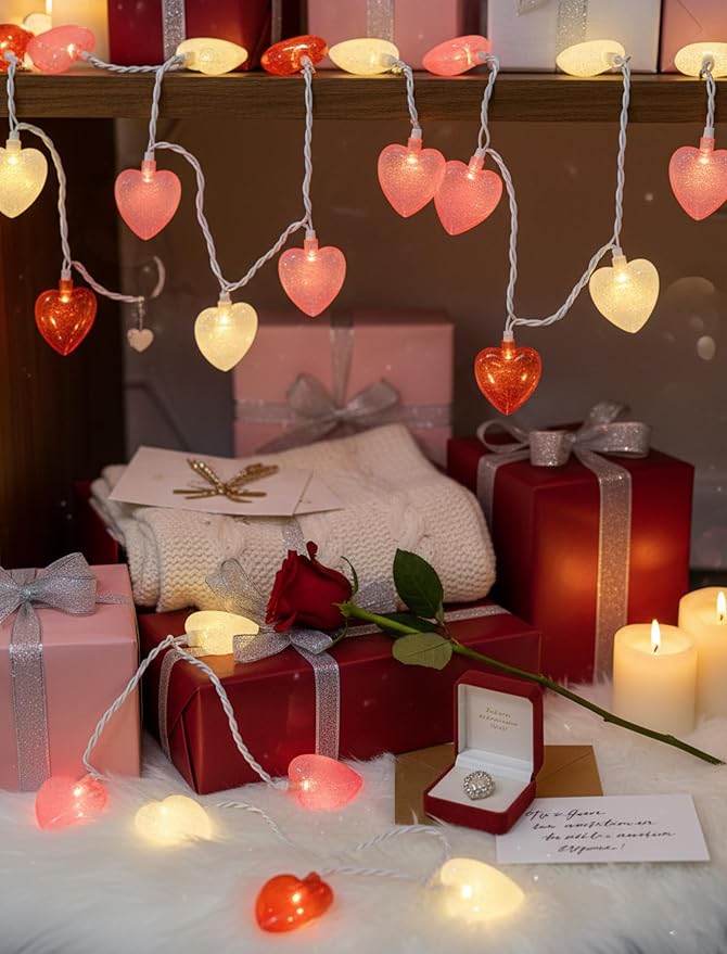 8.5ft Valentine’s Day Heart String Lights Plug in, Valentines Decoration | 10 LED Red Pink White Shatterproof Bulbs, Indoor Fairy Lights for Home Decor Wedding Outdoor Party, Warm White