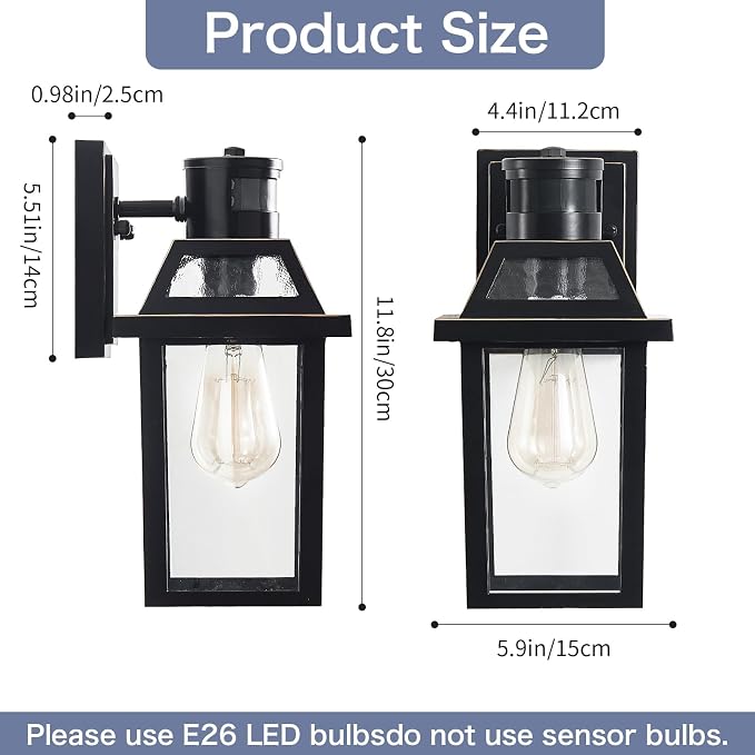 Motion Sensor Porch Light, Dusk to Dawn Outdoor Wall Light, Black, 2 Pack | 3 lighting modes waterproof exterior fixture black wall mount design for front door garage patio and house entry