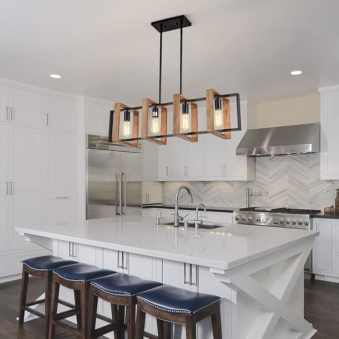Dining Room Light Fixture Farmhouse Pendant Lights Kitchen Island Rustic Kitchen Light Fixtures 4 Lights Wood and Black Metal Rectangular Chandelier Ceiling Hanging Lighting 35.4"