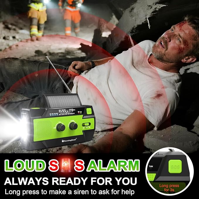 RunningSnail Emergency Crank Radio with 1W 3 Mode Flashlight & Reading Lamp | AM FM NOAA Weather Radio,Solar Power,Hand Crank,4000mAh Phone Charger,SOS for Home and Emergencies