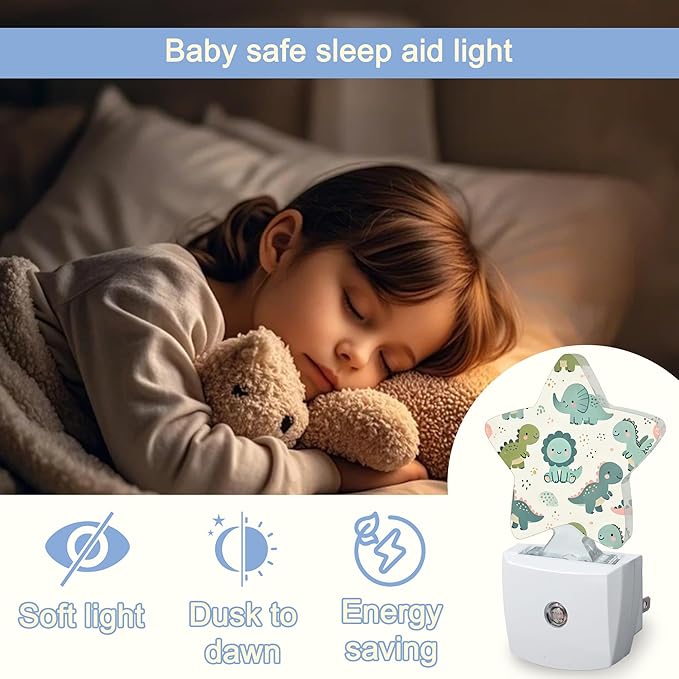 Cute Dinosaur Nightlight,Cartoon Baby Dino Star Night Lights Plug into Wall Decorations for Bedroom Bathroom,Dusk to Dawn Sensor Kitchen Hallway Stairs Energy Efficient Desk Lamp