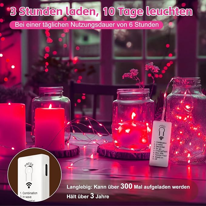 6 Pack Rechargeable Fairy Lights,7ft 20LEDs, Remote & DIY Timer | Dimmable Silver Wire, Mini Twinkle Lights, For Mason Jar, Indoor Christmas Bedroom Wedding Decor, Pink