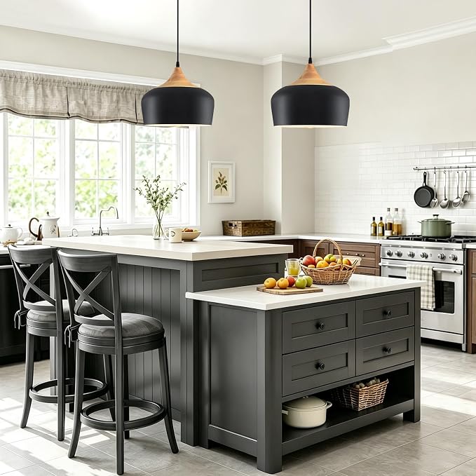 11.8" Industrial Pendant Light, Oak Wood & Metal Drum Shade