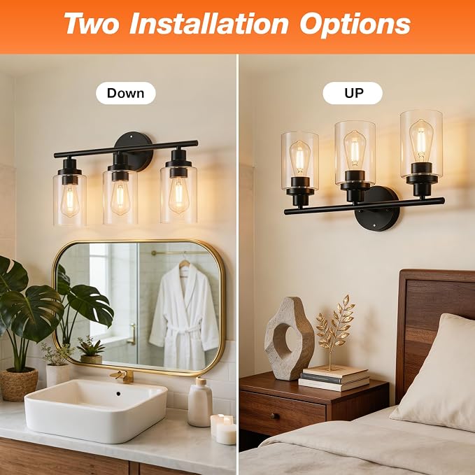 LEDVANCE Sylvania 18.23" Modern Bathroom Light Fixture with 3 Clear Glass Shades, Iron with Black Finish, E26 Medium Base, Vanity Lights for Bathrooms, Foyers, Entryways - 1 Pack (67904)