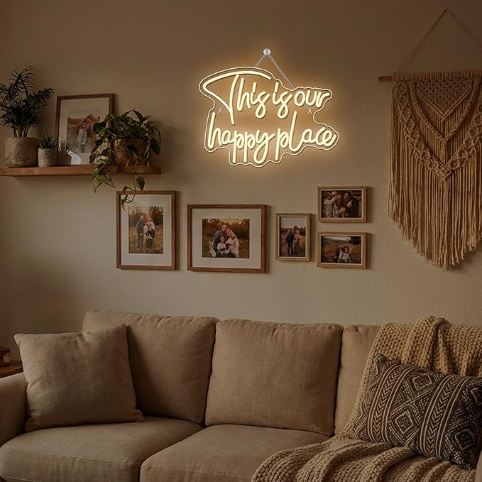 NOSUN This is Our Happy Place Neon Sign Happy Place Neon Signs for Wall Decor Dimmable Warm White LED Signs for Bedroom Classroom Man Cave Home Bar Birthday Party Game Zone Decor Neon Classroom Sign