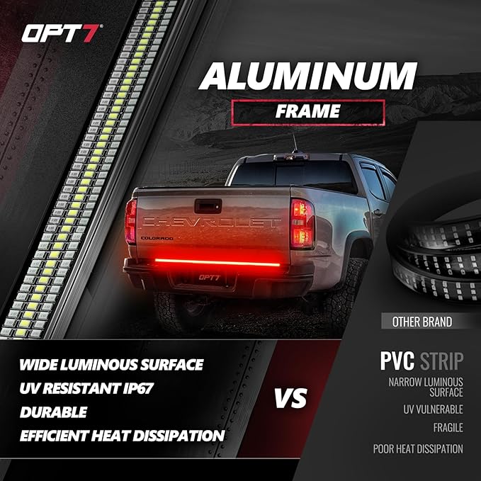 OPT7 Redline 48" Aluminum Truck Tailgate Light Bar w/Sequential Red Turn - Weatherproof Rigid 1-Piece Triple Row LED Strip - Dynamic Taillight w/White Reverse - Fits Tacoma, Colorado, Frontier, Canyon