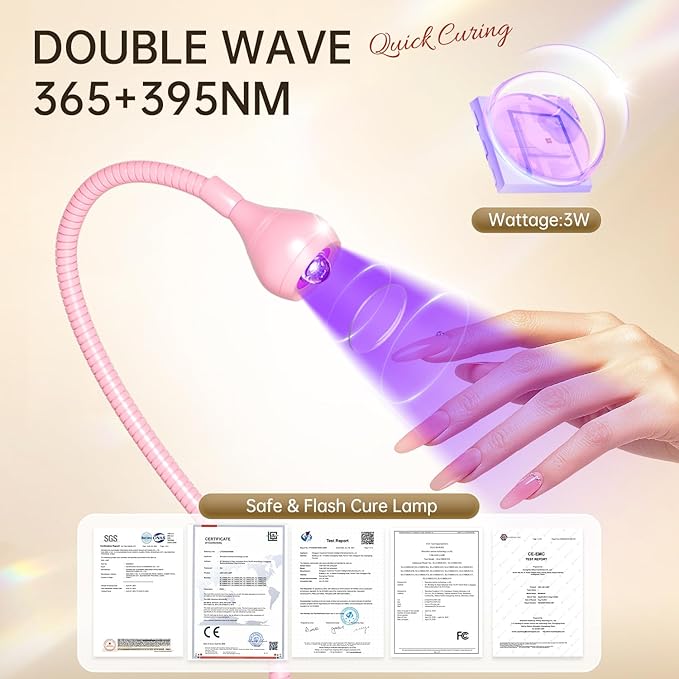AORAEM LED Nail Lamps 3W Flexible Gooseneck Lamp Quicky Dry Nail Manicure Dryer Gel Polish Curing Light Plug Play Portable Flash Cure Light for Gel Nails Home DIY Professional Nail Tools Pink