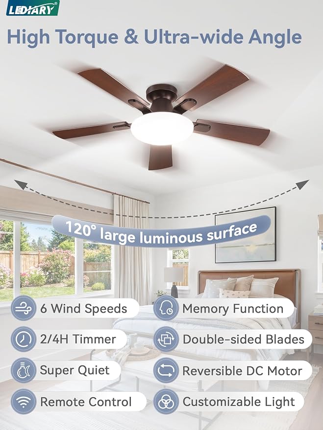 LEDIARY 42 Inch Flush Mount Ceiling Fans with Lights, Remote & APP Control | Bright Light, 3CCT, Dimmable, Memory Function, Timer, Reversible Blade, Quiet DC Motor, Damp-Rated, Bedroom, Covered Patio