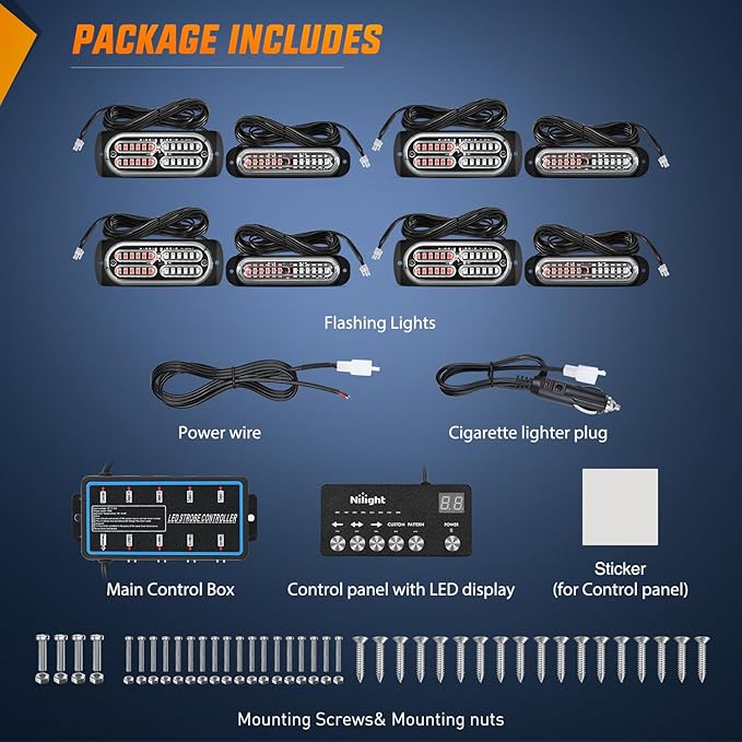 Nilight 8PCS Led Strobe Lights with Controller 12V 24V Sync Feature Red Blue Light 12 24 LED Surface Mount Emergency Hazard Warning for Vehicle Car Truck RV ATV