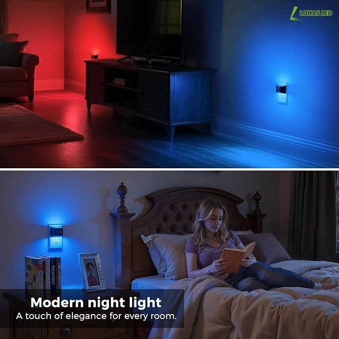 L LOHAS LED Motion Sensor Night Light, Night Lights Plug into Wall, 2 Pack | Nightlight with Dusk to Dawn & Motion Detection Sensor, 30-100Lm Adjustable Brightness, Blue Light, Black Housing
