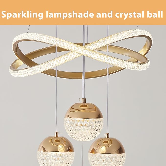 Gold LED Chandeliers, 3-Color Dimmable Pendant Light Dining Room Light Fixtures for Kitchen Island Adjustable Modern Chandeliers for Dining Room Living Room Bedroom