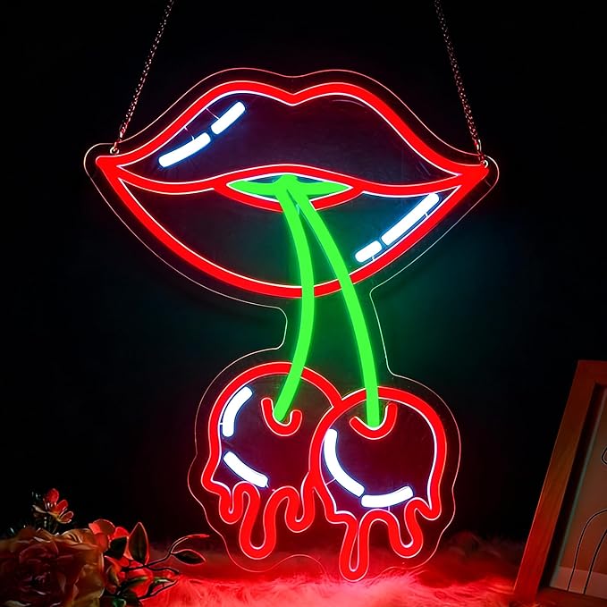 Cherry Lips Neon Sign, JGHTURIE Red Led Neon Signs for Wall Decor USB Powered Bar Lights Signs for Room Man Cave Party Art Decoration
