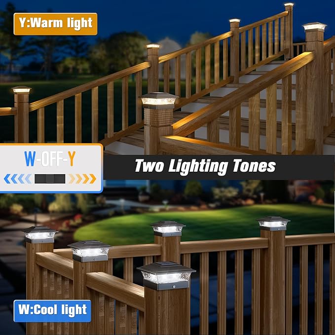 Solar Post Cap Lights Outdoor 12pack, Waterproof Fence Post Lights with 16 Ultra Bright LEDs Fit 4x4 Wood/Vinyl Posts, Black Deck Post Lights with Warm/Cool White for Garden Patio Porch Yard