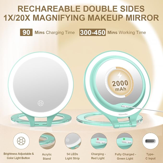 Mocado 1X/20X Magnifying Mirror with Light, Travel Makeup Mirror with Light | Double Sides Travel Mirror with 3 Color Light, Dimmable Touch, 1500mAh Rechargeable, Brightness Adjustable(Green)