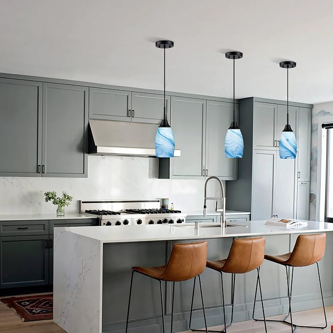 Viinew Mini Glass Pendant Light,4.72" Blue Marble Glass Pendant Lights | Handblown Blue Marble Oval Art Glass Lamp Ceiling Hanging Light 1-Pack Small Chandelier for Dining Room Kitchen