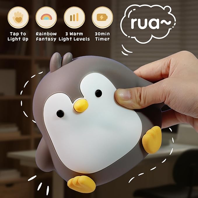 Night Light for Kids, Cute Penguin Silicone Night Light with 7 Colors, Bedside Lamp with Timer, Touch Control Dimmable Lamp, LED Rechargeable Lamp for Toddler Boys Girls Room Christmas Decor (Penguin)