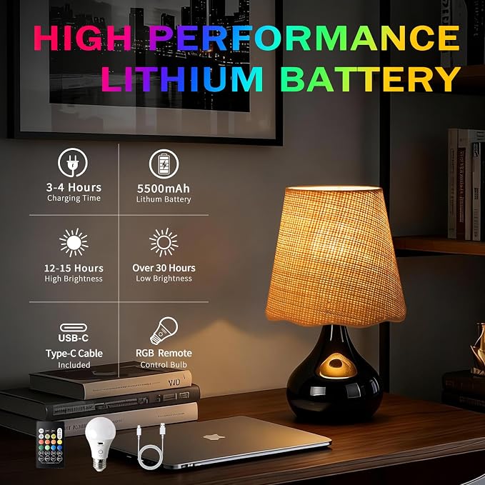 Cordless Table Lamp Rechargeable, Navy Blue Mini Bedroom Lamps for Bedside Nightstand, Rattan Shade Small Table Lamps for Small Spaces for Kitchen Counter, Bookshelf, Home Office, Living Room, Dorm