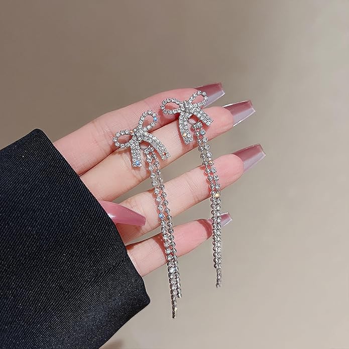 Luxval Rhinestone Earrings Dangling for Women Sparkly Silver Dangle Earrings Girls Long Chandelier Earrings Tassel Lightweight Ear Studs Cubic Zirconia Crystal Statement