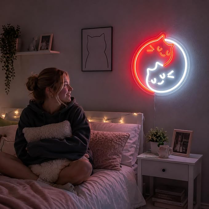 Neon Sign, Cat Neon Signs for Wall Decor LED Signs Neon Light | Yin Yang Cat Neon Sign for Bedroom, Kids Room, Gaming Room, Living Room, Party, Bar, Home Decor, Boys Gift, USB Powered