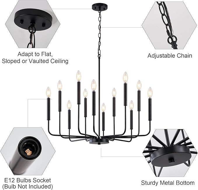 Modern Black Chandelier for Dining Room,Metal 12-Light Kitchen Light Fixtures, Farmhouse Candle Hanging Pendant Light for Living Room Entryway Foyer Bedroom (Bulbs Not Included)