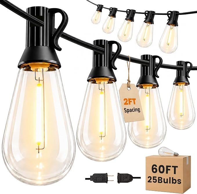Outdoor String Lights 60FT(50+10) Waterproof, 25 LED S14 Shatterproof Edison Bulbs, 2FT Spacing, Extension Cord, Connectable Plug in Hanging Patio Lights for Outside, Backyard, Warm White