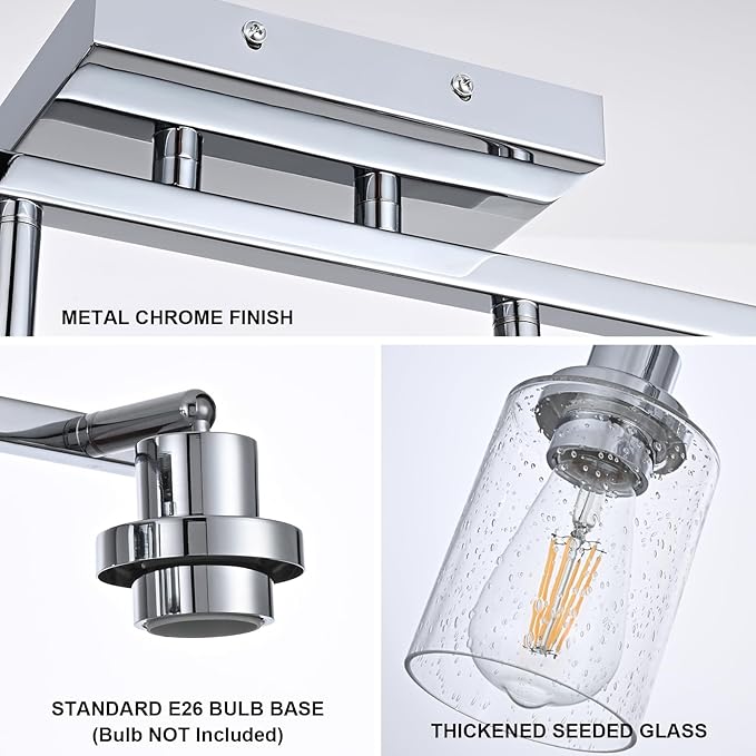 4-Light Multi-Directional Rotating Track Light Fixture Ceiling Track Lighting Heads with Seeded Glass Chrome Track Lighting Kit Bathroom Vanity Light Spotlight Fixtures for Kitchen Accent Shop