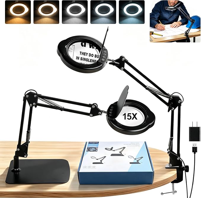 15X Magnifying Glass with Light and Stand for Crafts and Reading | Desk Magnifying Lamp With 2in1 Base & Clamp,With dust cover and adapter,Glass Lens,5 Color Modes,84 LEDs,For Seniors,Repair
