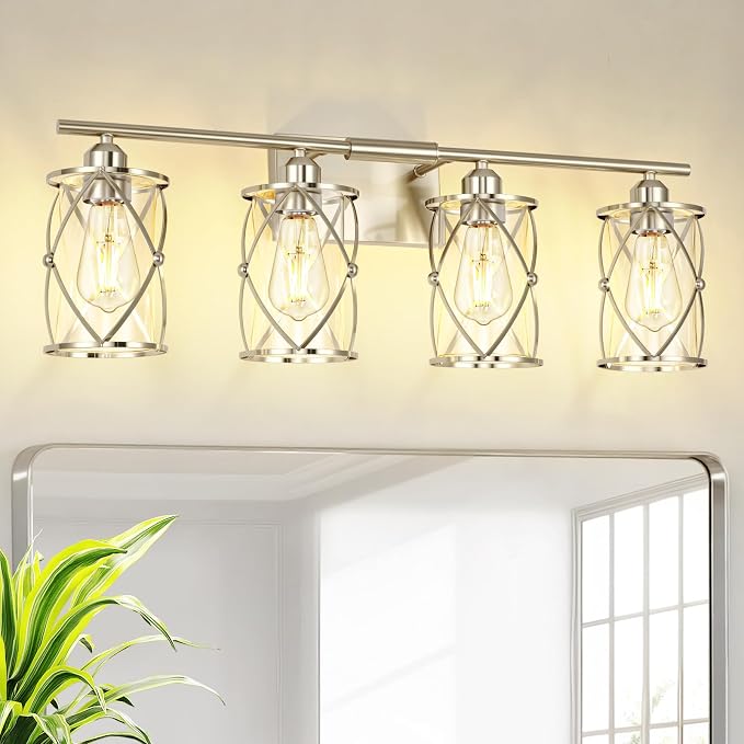 4-Light Brushed Nickel Bathroom Light Fixtures, 29 Inch Modern Bathroom Vanity Lighting Fixtures Over Mirror with Clear Glass and Metal Cage Wall Sconce Lights for Bath, E26, CH9176BN-4W