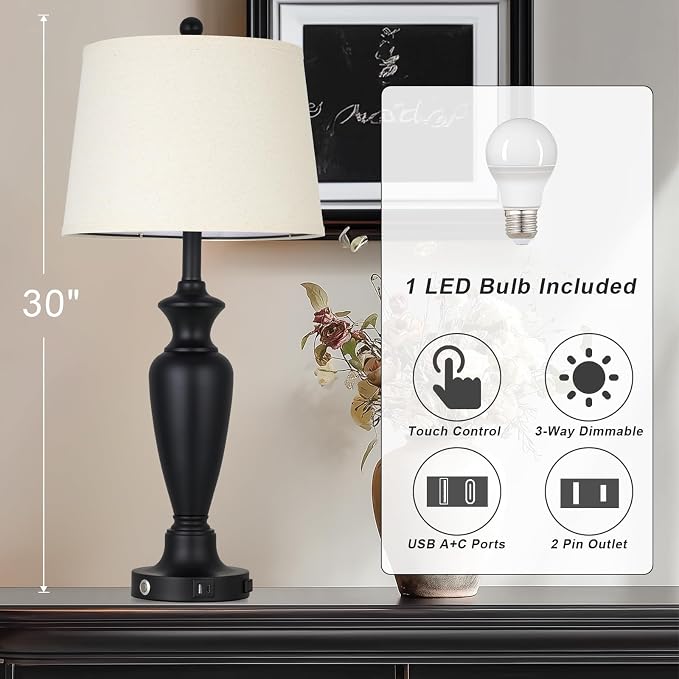 Black Table Lamp for Living Room Single, 30″ Tall Touch Control Bedside Lamp for Bedroom, 3-Way Dimmable Nightstand Lamp with USB A+C Ports and AC Outlet (1 Pack)
