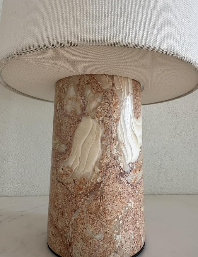 BSOD Marble Lamp, Stone Table Lamps Collection - Modern Cylindrical Lampshade Cordless Luxury Design Bedside Lamp for Home Decor, Bedroom, Living Room & Office (Plug-in Pink Lumachella Lamp)