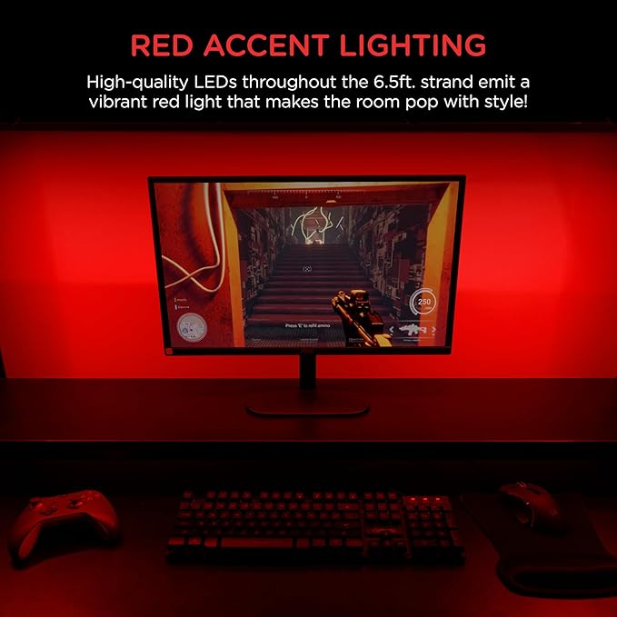 Enbrighten Neon Rope Light, LED Strip Lights, 6.5 feet, USB Powered Flexible Light, LED Strip, Gaming, Home Offices, Customizable, Red, 76627-T1