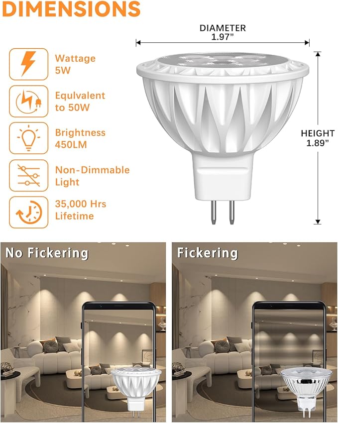 MR16 LED Bulbs 50W Halogen Equivalent Landscape Light Bulbs, 2700K Warm White 5W GU5.3 MR16 12V Spotlight Bulb, Non-Dimmable 38° Beam Angle for Landscape, Recessed, Track Lighting 6 Pack