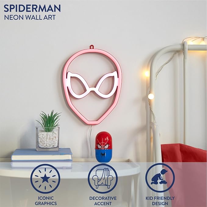 Marvel Spiderman Neon Figural LED Hanging Wall Art,Kids Bedroom & Playroom Wall Décor, 6.1" x 8.3"