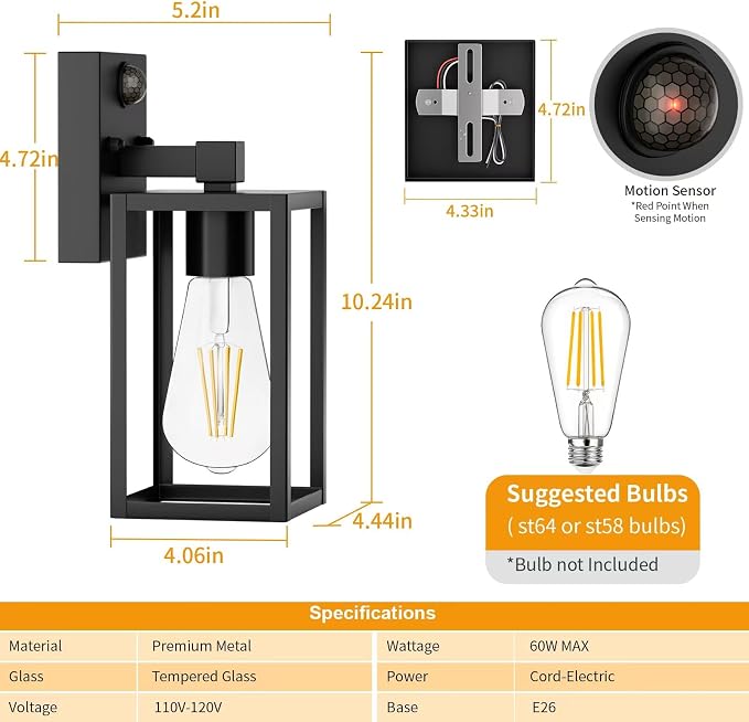 2 Pack Motion Sensor Outdoor Light Fixtures Wall Mount, H 10.24'' Small Front Porch Lights for House, Exterior Wall Sconce, Black Waterproof Lantern Lamp,Outside Coach Light for Garage Entryway Yard