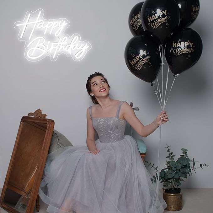 Happy Birthday Neon Sign for Wall Decor, 17×12 Inch White Led Neon Light Signs, Art Decoration Happy Birthday Neon Light Sign for All Birthday Party Decoration with 2 Pcs Pasters