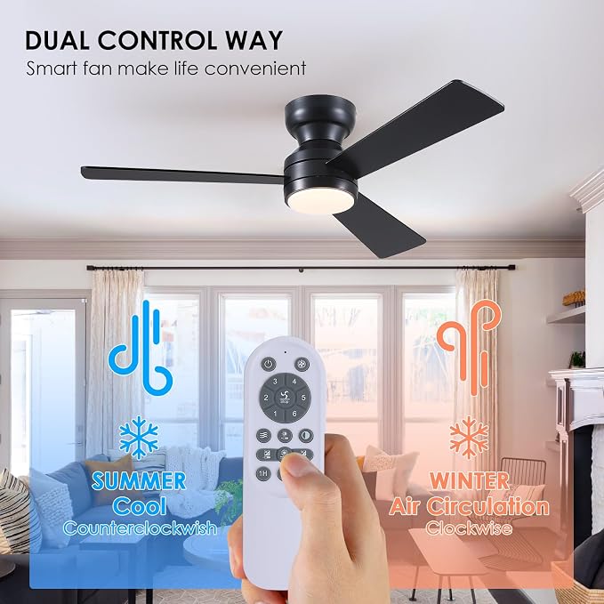 46"Black Modern Low Profile Ceiling Fans with LED Lights and Remote Control | Reversible 6 Wind Speeds, Dimmable 3 CCT LED Light, 25W Quiet DC Motor,2H Timer,3 Double-Sided Blades,for Bedroom Kitchen