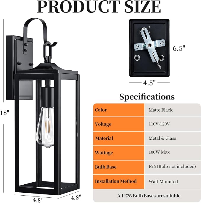 18'' Large Outdoor Wall Lights 2 Packs, Black Exterior Lighting Fixtures | Modern Outside Lights for House, Waterproof Outdoor Lighting Wall Sconce Lanterns for Porch, Garage, Farmhouse, Front Door