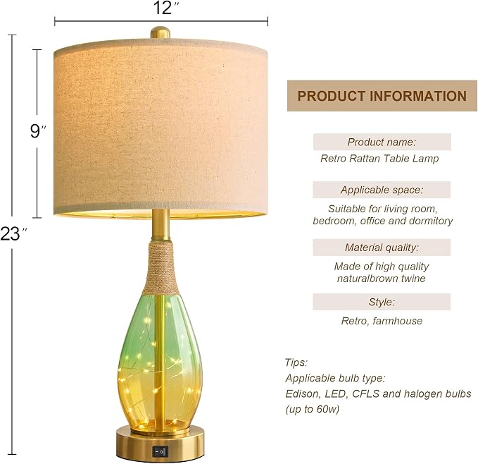 23" Table Lamps Set of 2,Farmhouse Lamps with Glass Nightlight, Bedside Lamps for Living Room, Rattan Lamps for Bedroom Nightstands, Two Light Points