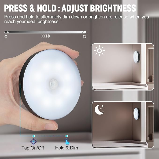 DWEPTU Motion Sensor Night Light 2 Pack LED Night Lights, Dusk to Dawn Motion Sensor for Bedroom, Bathroom, Toilet, Stairs, Kitchen, Hallway | LED Puck Lights, 3 Modes and Dimmable | Stick-On Lights for Bedroom, Kitchen, Cruise Ship