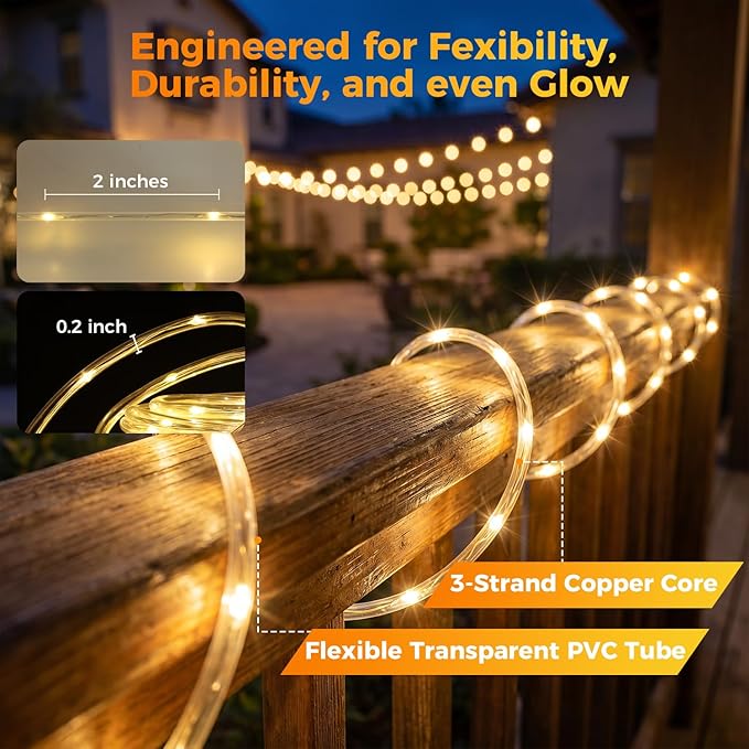Connectable 50ft 300LED Rope Lights Plug in for Outdoor Indoor | End to End Tube Lights IP65 Waterproof with 8 Modes Remote Timer for Patio Backyards Garden Porch Pool Tree Decor, Warm White