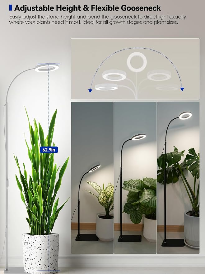 36W Grow Lights for Indoor Plants,Full Spectrum LED Plant Light with Stand | Dual Heads, Adjustable Height and Angle, 3/9/12H Timer, Dimmable, 3 Modes Floor Plant Growing Lamp for Indoor Growing, White