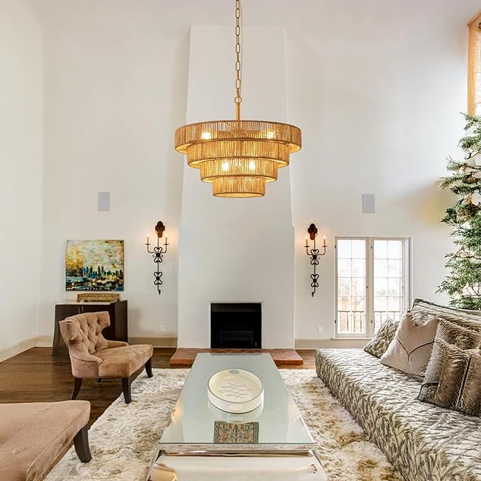 6 Lights Boho Rattan Pendant Light 19.7” Large Farmhouse Chandelier with 3-Tier Wicker Shade Bohemian Gold Ceiling Hanging Light for Dining Room Living Room Kitchen