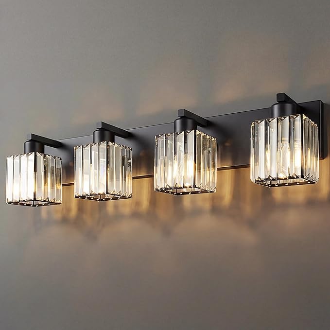 Modern Bathroom Vanity Light, 4-Light K9 Crystal Bathroom Lighting Fixtures Over Mirror, Black Vanity Light with Square Shade