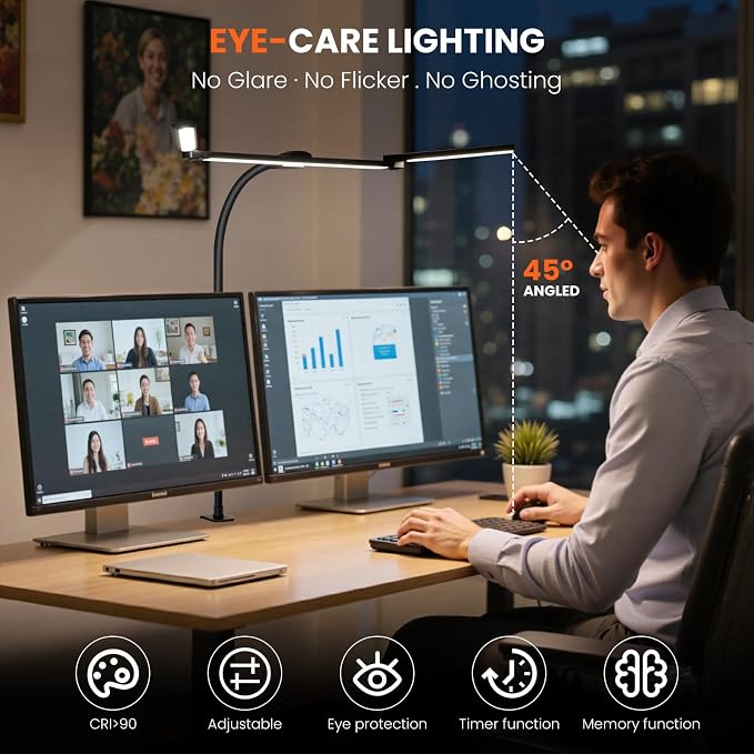LED Desk Lamp for Office Home, 3 Head Adjustable Desk Light with Adapter | Computer Monitor light Bar Stepless Dimming, Eye Caring Architect Desk Lamp Table Lamp for Reading Study Workbench Black